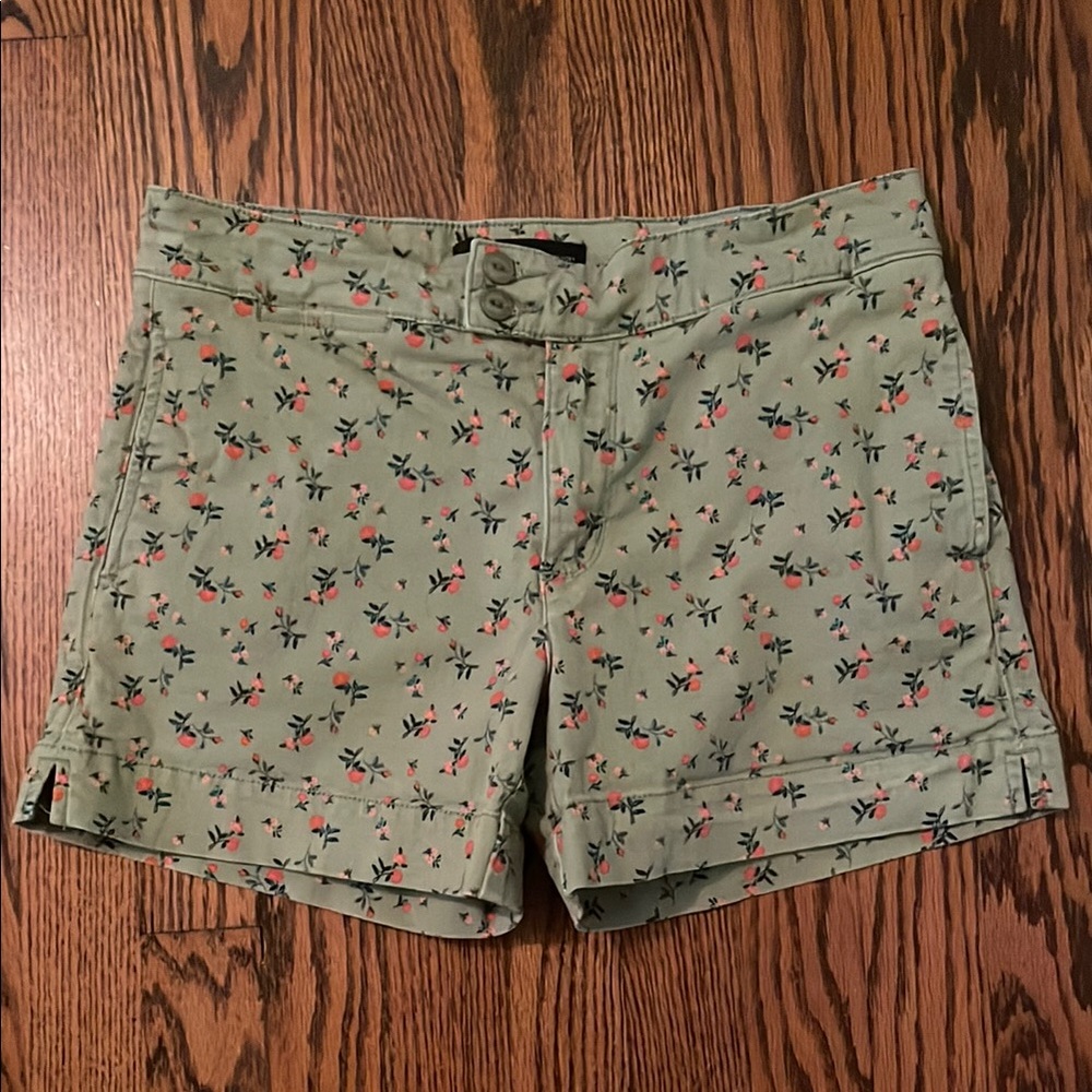 Anthropologie Green 4” Shorts with Orange Floral Pattern